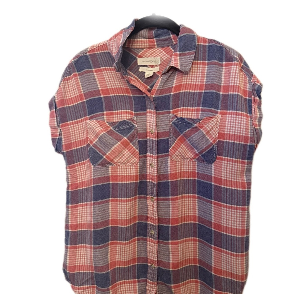 Treasure & Bond Red and Blue Casual Button Down Shirt